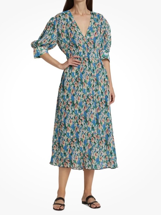 Ganni Dresses & Skirts - GANNI Blue Floral Pleated Georgette Midi Dress EU 34 US 2 Puff Sleeve Smocked